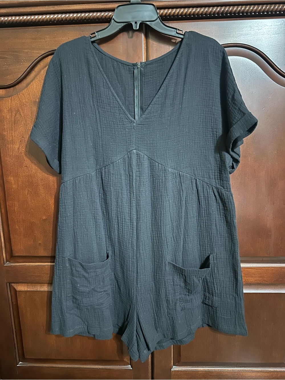 Black Short Sleeve V-Neck Romper with Pockets